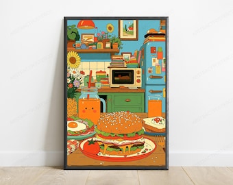 Retro Kitchen Pop Art Print | Burger, Plants, Appliances (Digital Download)