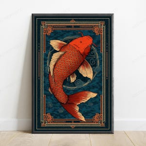May include: A framed vertical wall art print featuring a vibrant orange koi fish swimming in a circular motion. The fish is set against a dark blue textured background with stylized cloud motifs, all enclosed within a decorative orange geometric border.