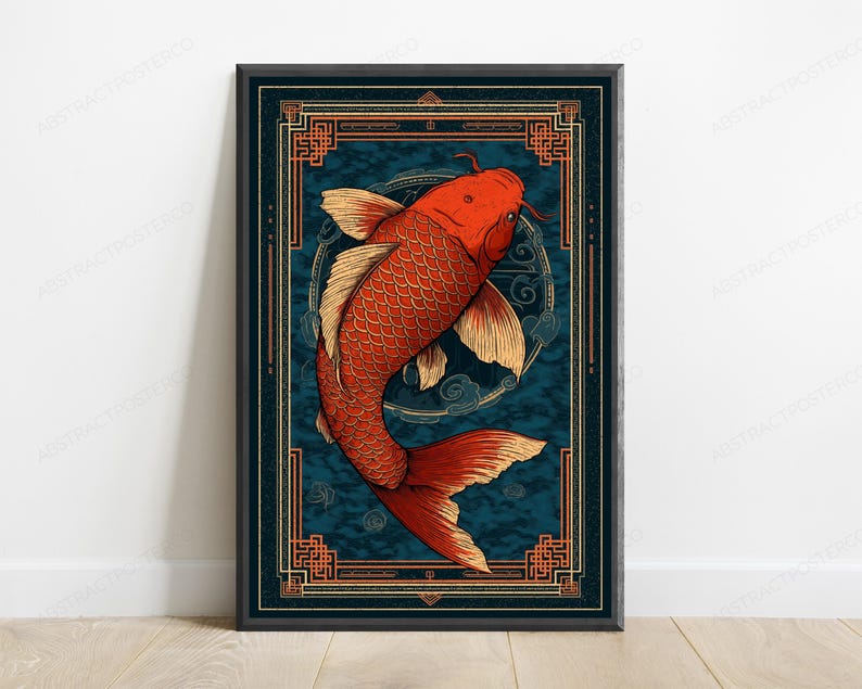 May include: A framed vertical wall art print featuring a vibrant orange koi fish swimming in a circular motion. The fish is set against a dark blue textured background with stylized cloud motifs, all enclosed within a decorative orange geometric border.