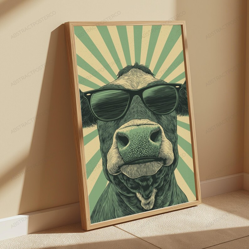 May include: A framed vertical wall art print featuring a stylized illustration of a cow wearing black sunglasses. The cow is centered against a background of alternating light green and cream-colored sunburst rays, rendered in a graphic art style.