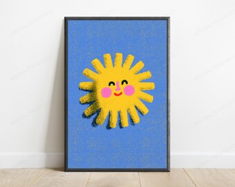Happy Sunshine Character Pop Art Print | Cheerful Yellow Sun Face | Minimalist Wall Art Decor | Digital Download A3 A2 A1