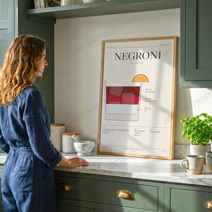 Negroni Cocktail Recipe Print in Cream shown in a kitchen