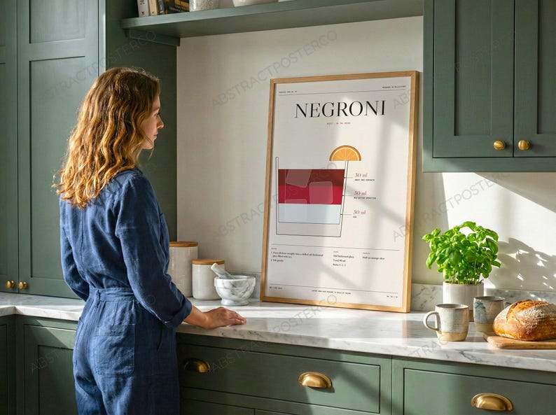Negroni Cocktail Recipe Print in Cream shown in a kitchen