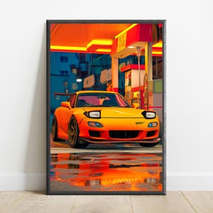 Orange Sportwagen Neon City Regen Druck | JDM Strassenkunst | Cyberpunk Wanddekor | Digitaler Download A3-A2-A1 Bild 7