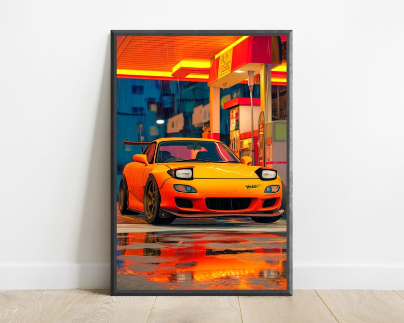 Orange Sportwagen Neon City Regen Druck | JDM Strassenkunst | Cyberpunk Wanddekor | Digitaler Download A3-A2-A1 Bild 7