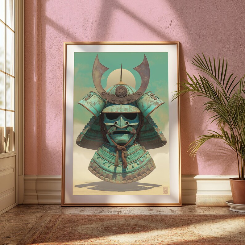 May include: A framed wall art print featuring a teal and weathered bronze samurai helmet with a prominent crescent-shaped crest, a face mask with a mustache, and a neck guard, set against a pale yellow background with a circular sun motif.