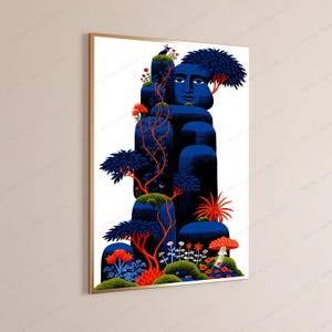 K&ouml;nnte beinhalten: Ein gerahmter vertikaler Wandkunstdruck mit einer stilisierten dunkelblauen Felsformation in Form eines menschlichen Gesichts. Die Komposition zeigt leuchtend rote Blumen, orangefarbene gewundene Zweige, dunkelblaues Laub, gr&uuml;ne Moosfl&auml;chen und einen roten Pilz.