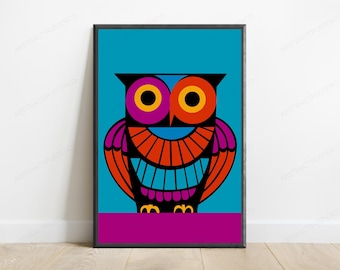Smiling Owl Pop Art Print | Colorful Geometric Anime Wall Art (Digital Download)