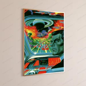 May include: A framed science fiction wall art print depicting a person in a cockpit looking out at a space battle. The scene features a planet with rings, glowing orange explosions, and multiple red spacecraft flying through a dark starry void.