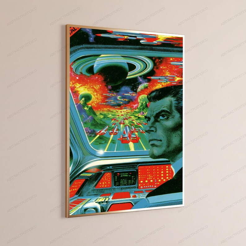 May include: A framed science fiction wall art print depicting a person in a cockpit looking out at a space battle. The scene features a planet with rings, glowing orange explosions, and multiple red spacecraft flying through a dark starry void.