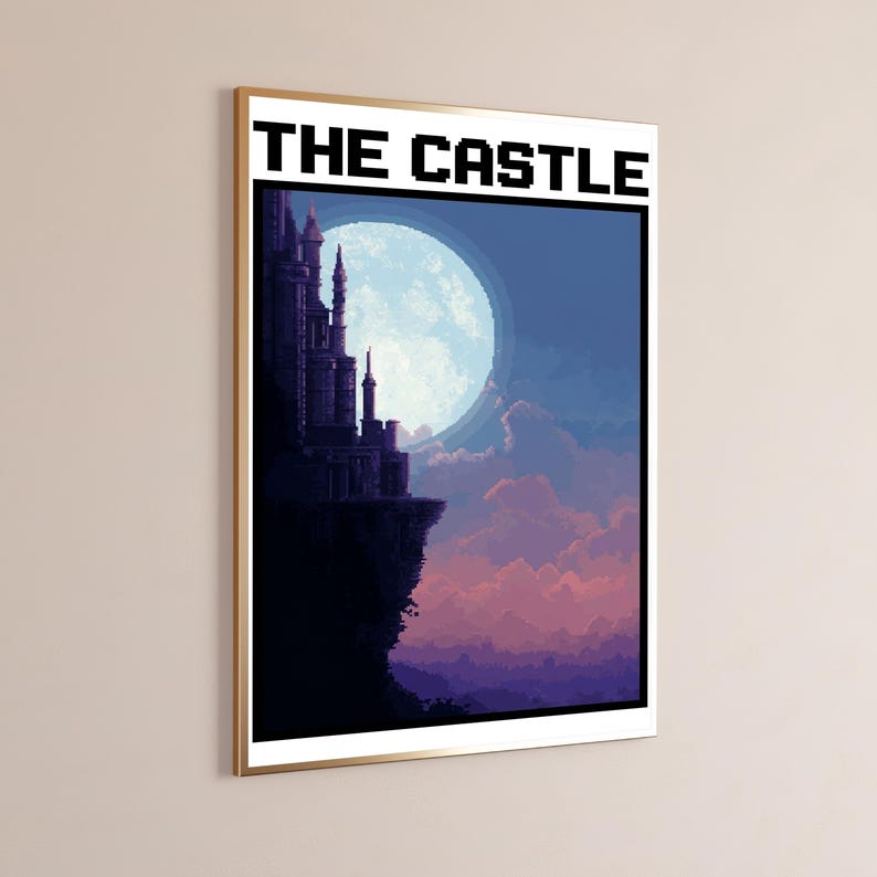 Puede incluir: Una impresi&oacute;n de arte mural rectangular enmarcada con pixel art de la silueta de un castillo oscuro sobre un acantilado bajo una gran luna llena. El cielo cambia de azul profundo a nubes p&uacute;rpuras. El texto THE CASTLE est&aacute; impreso en negro.