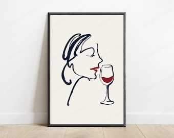 Donna che sorseggia vino - Illustrazione minimalista a linee / Elegante ritratto da parete / Decorazione moderna per la casa / Download digitale A3 A2 A1