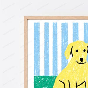 May include: A framed wall art print featuring a yellow dog illustration with a crayon-like texture. The background consists of vertical light blue stripes and a solid green base. The artwork is enclosed in a light-toned wooden frame.