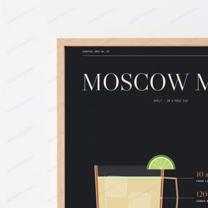 May include: A framed wall poster with a black background featuring the text MOSCOW MULE, COCKTAIL SPEC No. 10, and BUILT IN A MULE CUP. A graphic illustration of a cocktail in a copper-colored mug with a lime wedge garnish is displayed.
