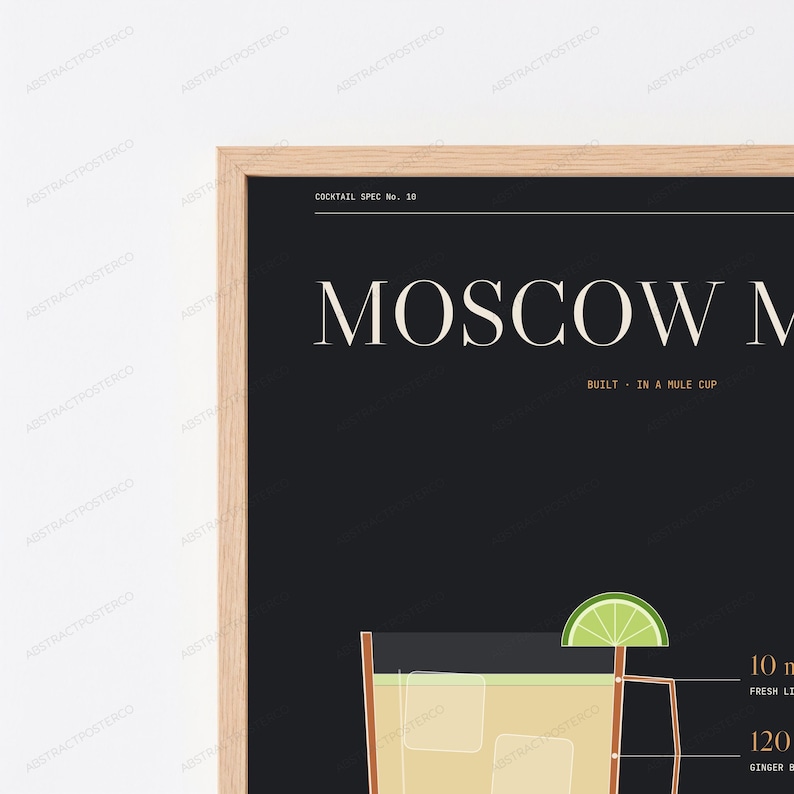 May include: A framed wall poster with a black background featuring the text MOSCOW MULE, COCKTAIL SPEC No. 10, and BUILT IN A MULE CUP. A graphic illustration of a cocktail in a copper-colored mug with a lime wedge garnish is displayed.