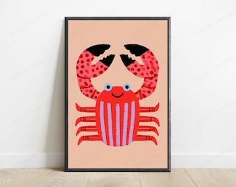 Fröhliche rote Krabbe als Pop-Art-Druck | Minimalistisches Meerestier-Wandbild (Digitaler Download)