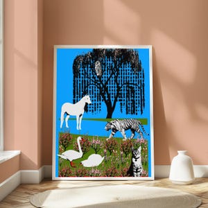 May include: A framed rectangular art print featuring a bright blue background with a black silhouette of a willow tree and an owl. Below, a white horse stands near a tiger, a white swan, a white bird, and a cat amidst a field of green grass and pink flowers.