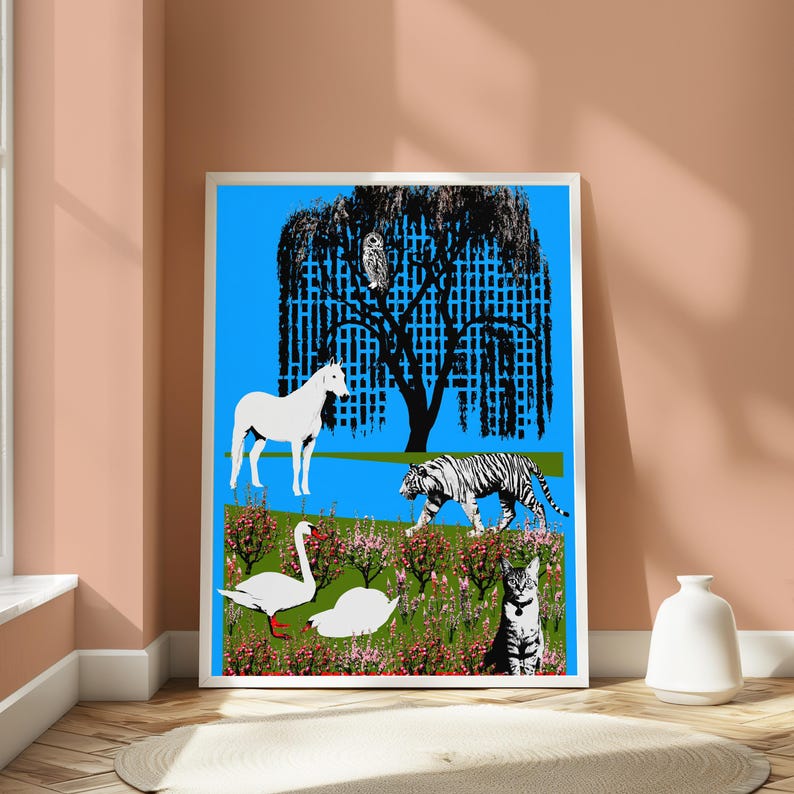 May include: A framed rectangular art print featuring a bright blue background with a black silhouette of a willow tree and an owl. Below, a white horse stands near a tiger, a white swan, a white bird, and a cat amidst a field of green grass and pink flowers.