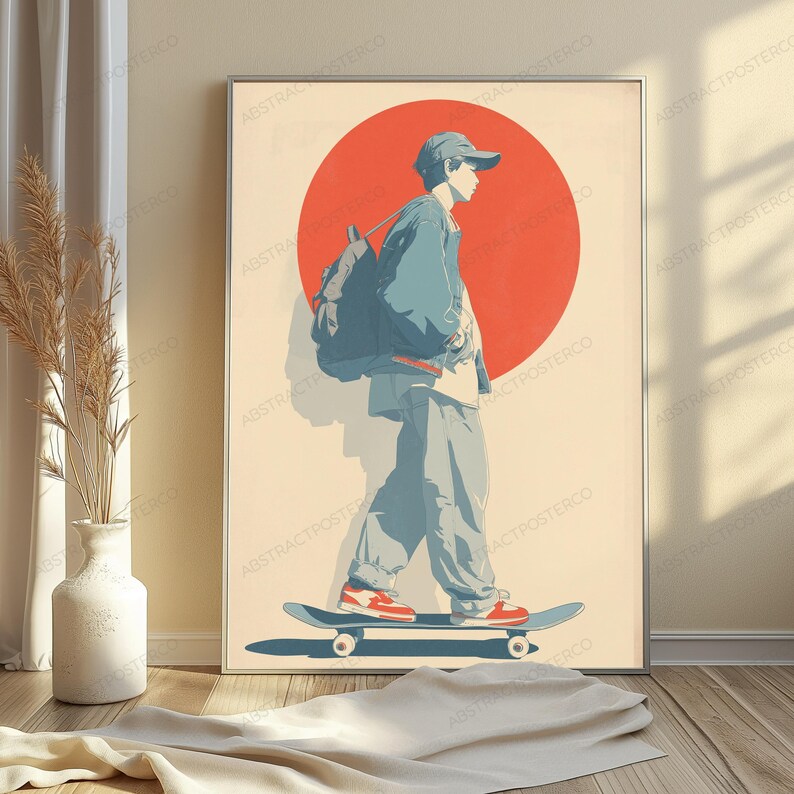 May include: A framed wall art print featuring a stylized illustration of a person wearing a cap, jacket, and backpack while riding a skateboard. The background displays a large solid red circle against a cream-colored backdrop with blue tones.