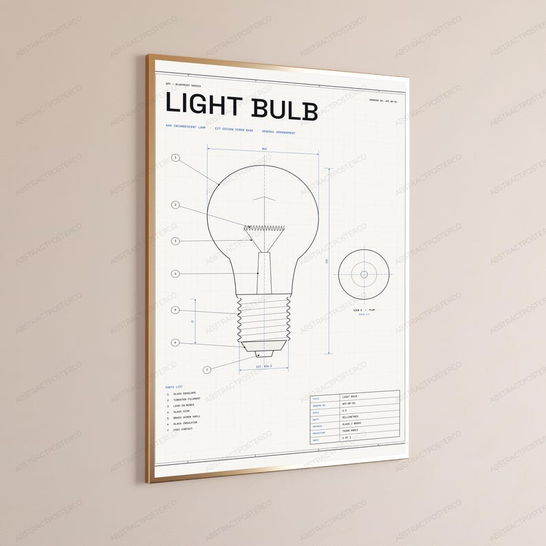 Light Bulb Technical Blueprint Print | Vintage Diagram Wall Art | Minimalist Engineering Poster Bild 3