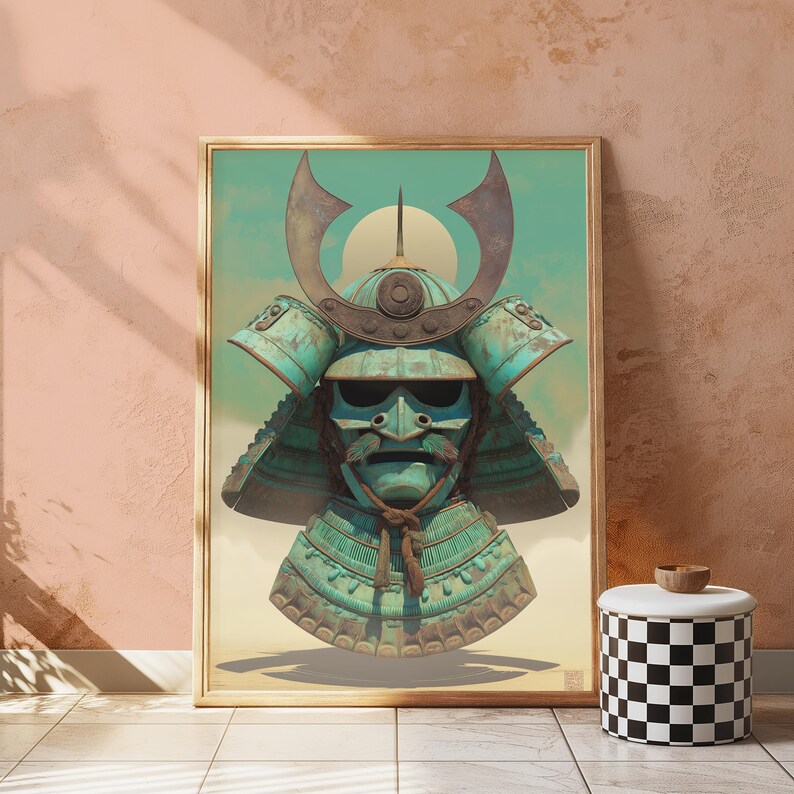 May include: A framed wall art print featuring a weathered teal samurai helmet with a prominent crescent-shaped crest and a matching neck guard. The helmet displays a metallic patina and is centered against a pale yellow background with a sun.
