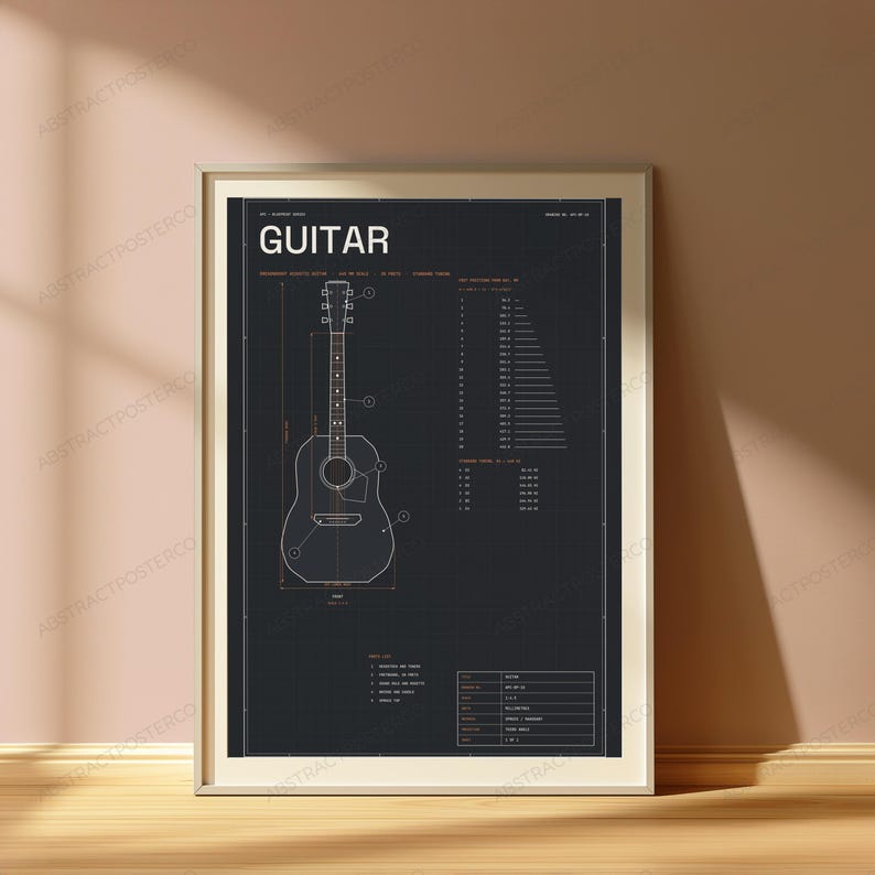 Projekt techniczny gitary akustycznej typu dreadnought | Grafika ścienna z instrumentem muzycznym | Wydruk z motywem przemysłowym zdjęcie 4