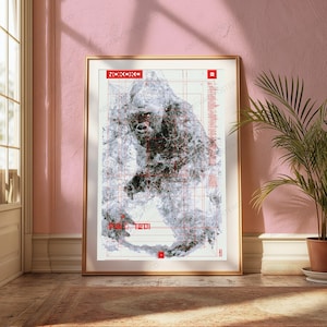 May include: A framed wall art print featuring a detailed, abstract black and white illustration of a gorilla overlaid with a red grid pattern and technical lines. The text NOKOKO is printed in red at the top, with additional red text at the bottom.