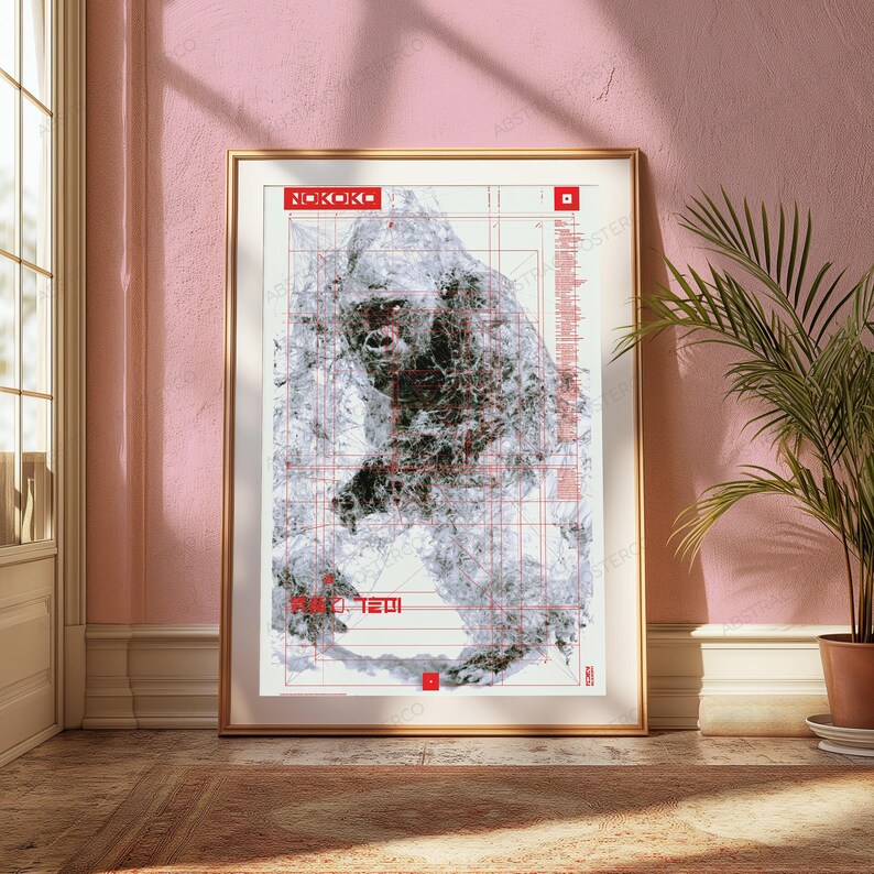 May include: A framed wall art print featuring a detailed, abstract black and white illustration of a gorilla overlaid with a red grid pattern and technical lines. The text NOKOKO is printed in red at the top, with additional red text at the bottom.