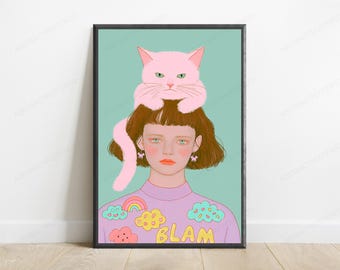 Ragazza con gatto rosa, stampa minimalista pop art / Ritratto stravagante da parete / Decorazione carina per la casa / Download digitale A3 A2 A1