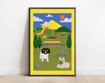 Minimalistisk konsttryck med hundpark och lekplats | Färgglad väggkonst för husdjur | Barnrumsinredning | Digital nedladdning A3 A2 A1