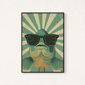 May include: A rectangular wall art print featuring a stylised illustration of a fish wearing large black sunglasses. The fish is centred against a background of alternating teal and cream-coloured sunburst rays, creating a graphic design.