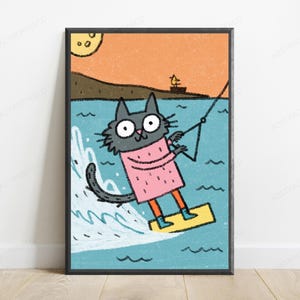 Happy Surfing Cat Pop Art Print | Cute Kitten Beach Wall Art | Minimalist Summer Decor | Digital Download A3 A2 A1 image 1