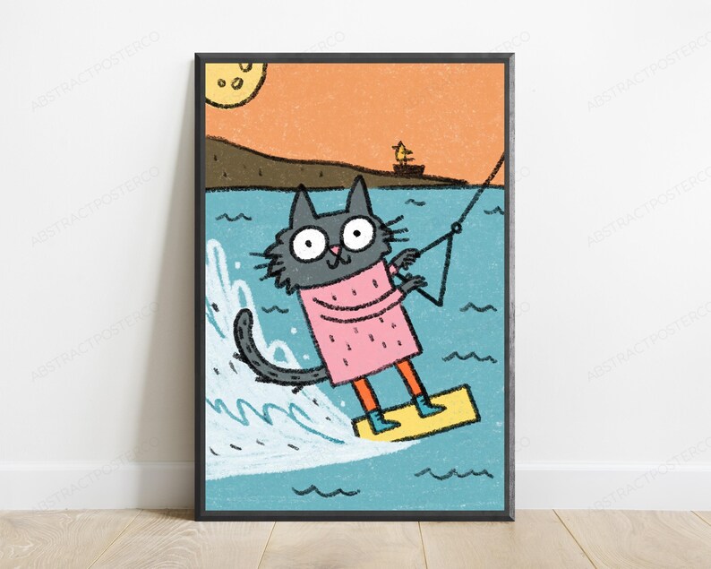 Happy Surfing Cat Pop Art Print | Cute Kitten Beach Wall Art | Minimalist Summer Decor | Digital Download A3 A2 A1 image 1