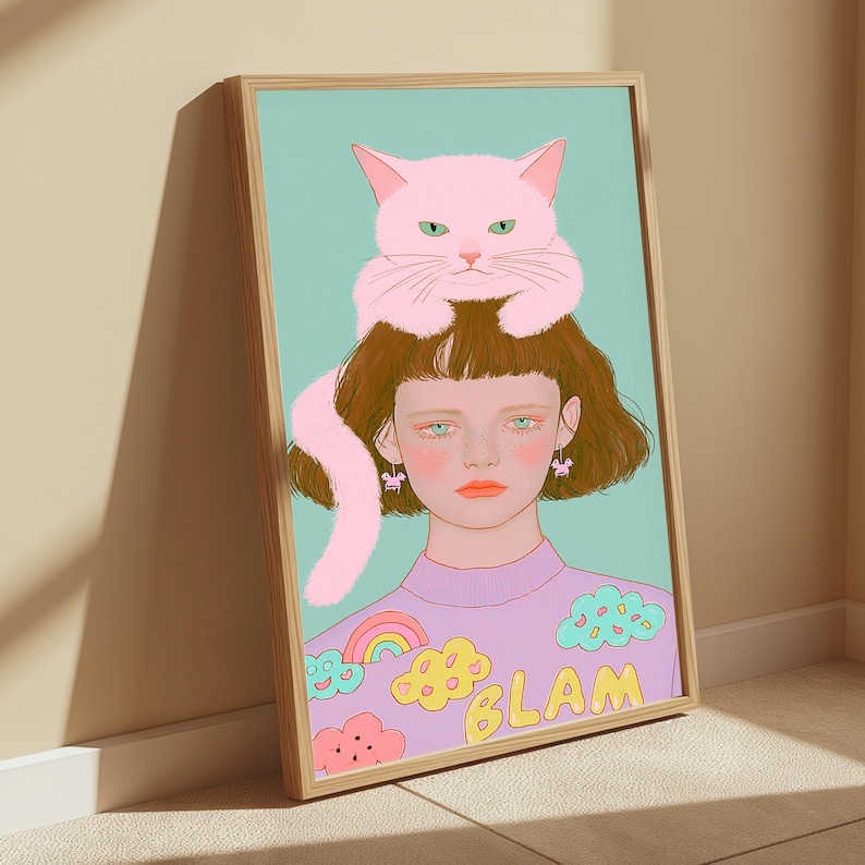Minimalistisk popkonst-tryck med flicka med rosa katt | Nyckfullt porträttväggkonst | Söt heminredning | Digital nedladdning A3 A2 A1 bild 4