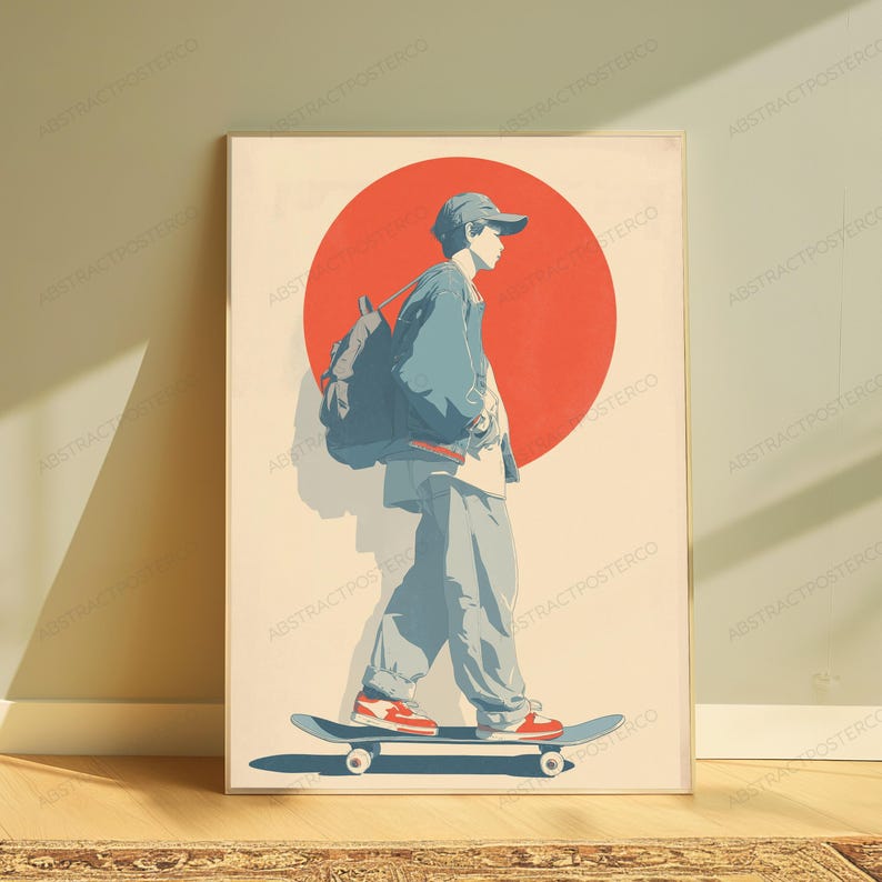 May include: A framed poster featuring a stylized illustration of a person wearing a cap, jacket, and loose pants while riding a skateboard. The figure carries a backpack against a large red circle background, rendered in muted blue and cream tones.