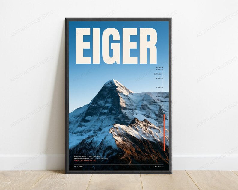 Höjdtryck av Eigerberget | Väggkonst med alpina toppar | Reseaffisch bild 1