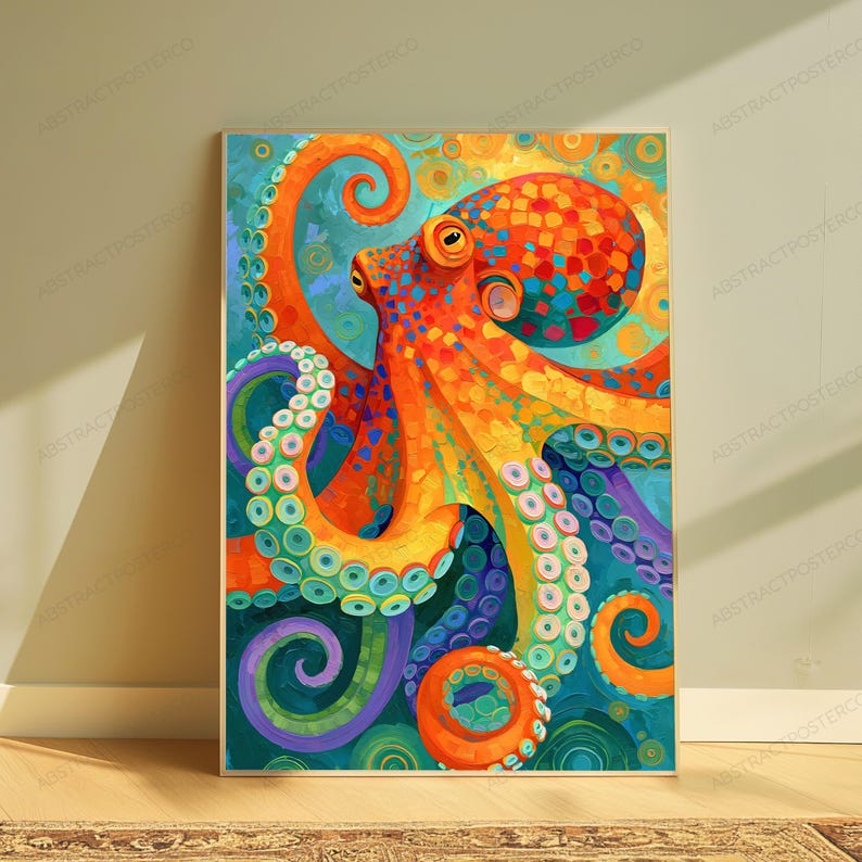 May include: A vertical rectangular wall art print featuring a vibrant, stylised octopus with a mosaic-like pattern on its head. The creature is rendered in shades of orange, red, and yellow, set against a swirling background of teal, blue, and purple.