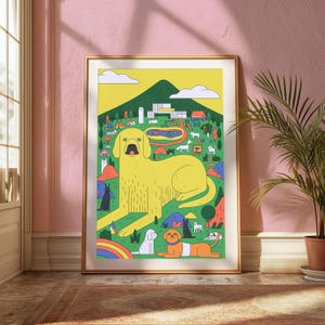 Cachorro amarelo gigante minimalista no campo | Arte de parede fofa com animais de estimação | Decoração pop art para casa | Download digital A3 A2 A1 imagem 3