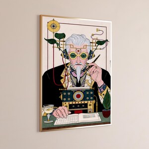 May include: A framed art print depicting a white-haired figure with a goatee wearing round green-tinted goggles and headphones connected to mechanical apparatuses. The figure holds a pen over an open book, with a glass of liquid and a small plant nearby.