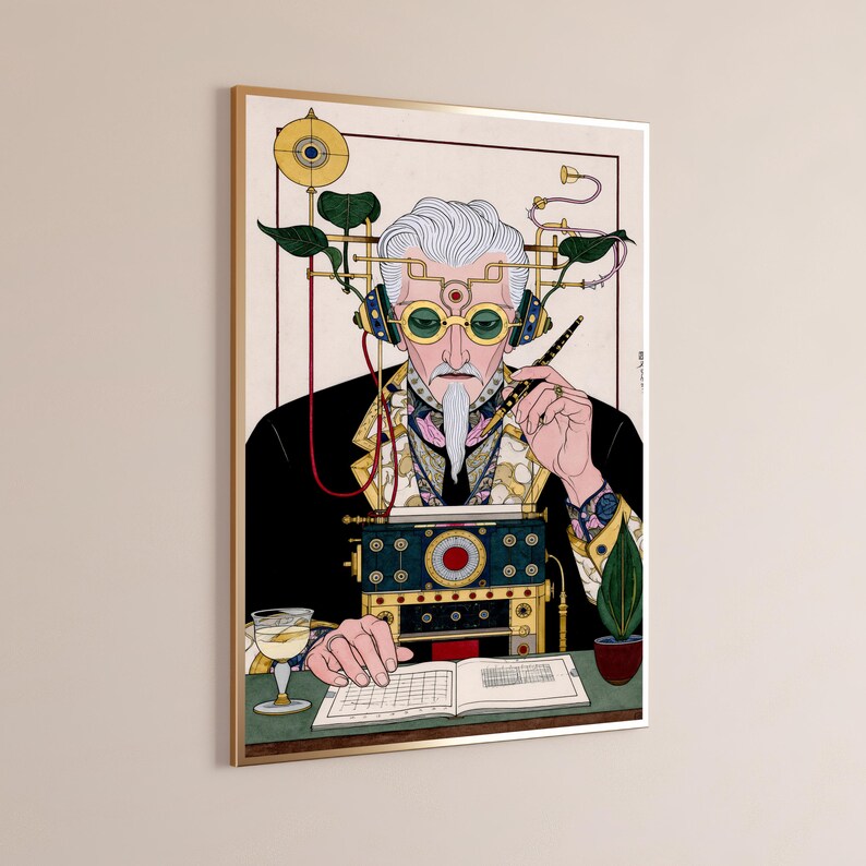 May include: A framed art print depicting a white-haired figure with a goatee wearing round green-tinted goggles and headphones connected to mechanical apparatuses. The figure holds a pen over an open book, with a glass of liquid and a small plant nearby.