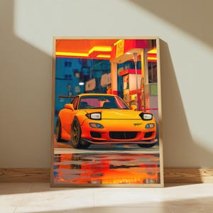 Orange Sportwagen Neon City Regen Druck | JDM Strassenkunst | Cyberpunk Wanddekor | Digitaler Download A3-A2-A1 Bild 2