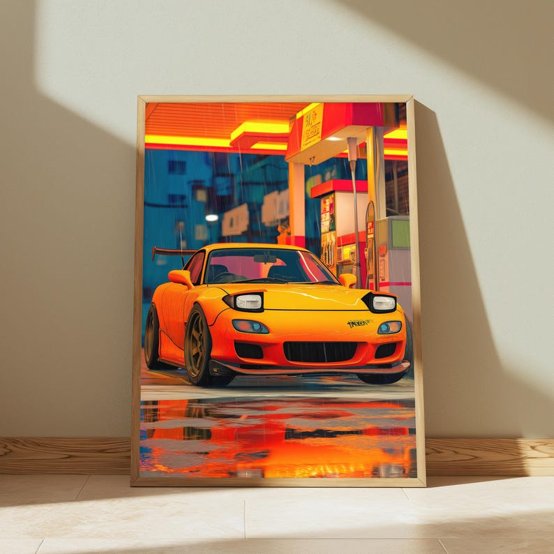 Orange Sportwagen Neon City Regen Druck | JDM Strassenkunst | Cyberpunk Wanddekor | Digitaler Download A3-A2-A1 Bild 2