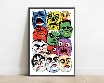 Vintage Monster Faces Pop Art Print | Retro Horror Characters | Colorful Wall Art | Digital Download A3 A2 A1