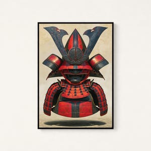 Impression d'art casque samouraï rouge Kabuto | Art mural d'armure de guerrier japonais | Décoration asiatique minimaliste | Téléchargement numérique A3 A2 A1 image 1