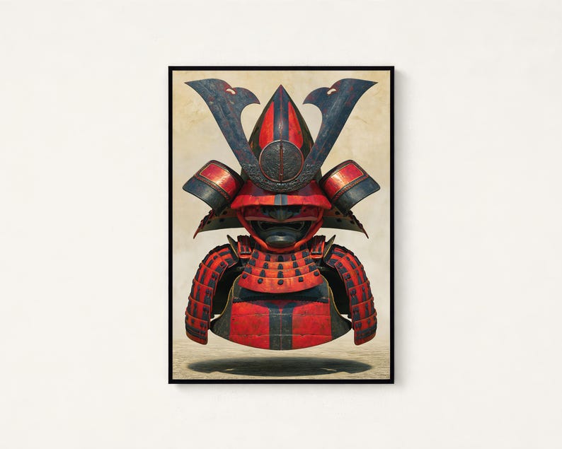 Impression d'art casque samouraï rouge Kabuto | Art mural d'armure de guerrier japonais | Décoration asiatique minimaliste | Téléchargement numérique A3 A2 A1 image 1