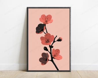 Minimalist Cherry Blossom Branch Wall Art | Pink Coral Floral Print | Modern Botanical Home Decor