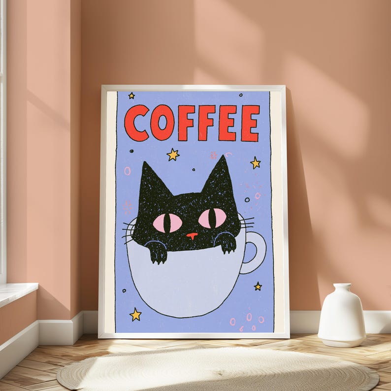 May include: A rectangular wall art print featuring a black cat with pink eyes sitting inside a light blue coffee mug. The background is a light purple color with yellow stars and small circles. The word COFFEE is printed in large red letters.