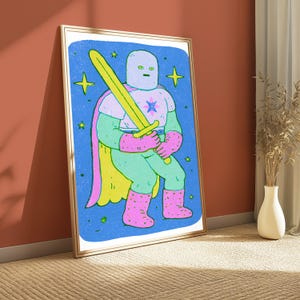 Cosmic Warrior with Yellow Sword Pop Art Print | Neon Character Wall Art | Vibrant Home Decor | Digital Download A3 A2 A1 image 3