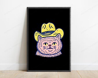 Cowboy Cat Pop Art Print | Yellow Hat Western Cat | Quirky Minimalist Wall Art | Digital Download A3 A2 A1