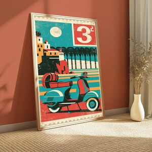 May include: A framed rectangular wall art print featuring a vintage-style postage stamp design. The illustration depicts a teal scooter in the foreground, a coastal town with yellow buildings, a white moon, and the number 3 in a red box.
